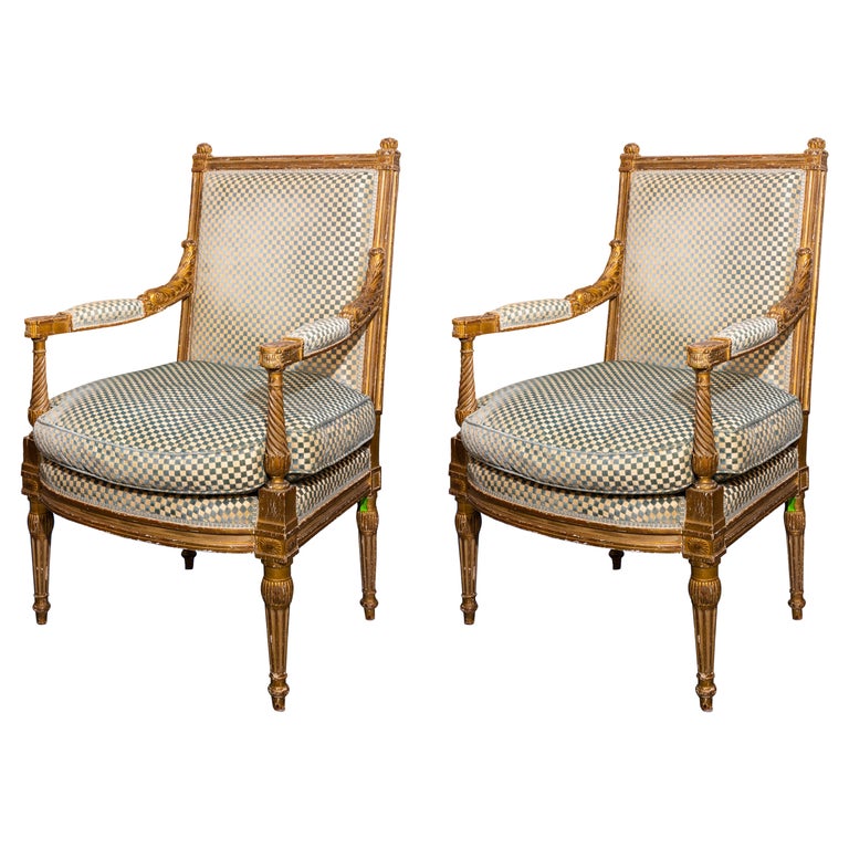 Pair of Louis XVI Upholstered Arm Chairs at 1stDibs