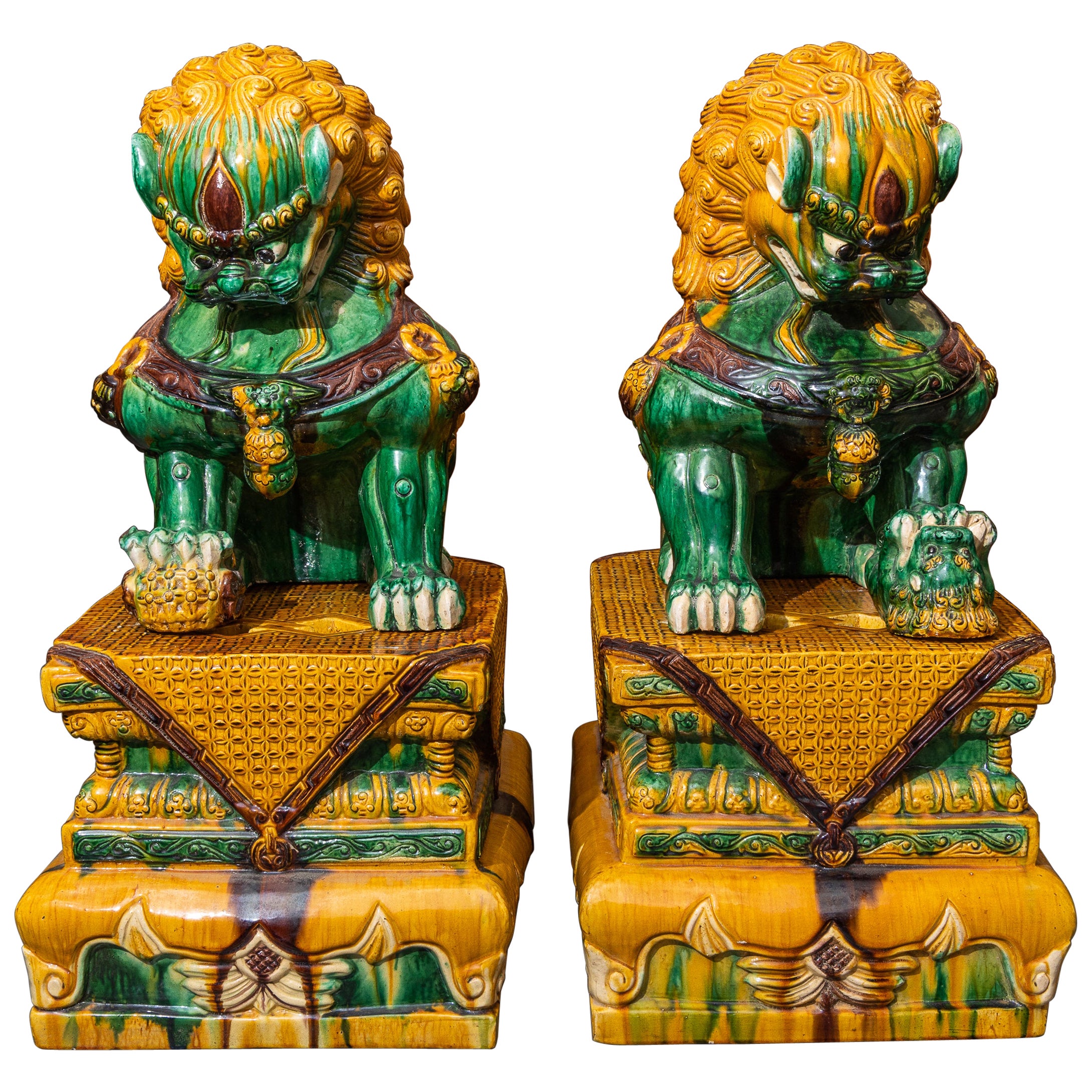 Large Pair of Chinese Foo Dogs on Plinths