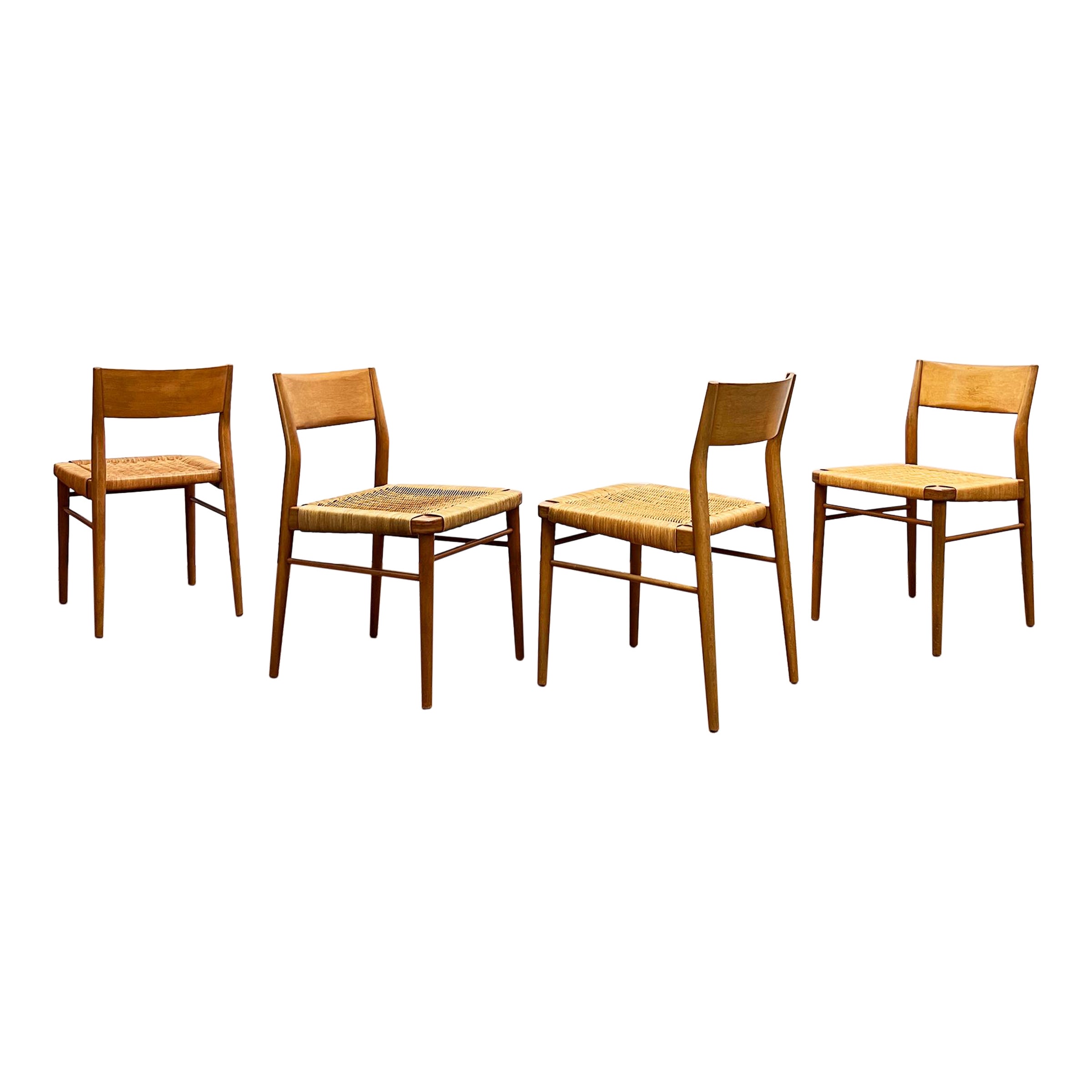 Mid-Century Dining Chairs in Cherry Wood and Rattan Mesh by Georg Leowald