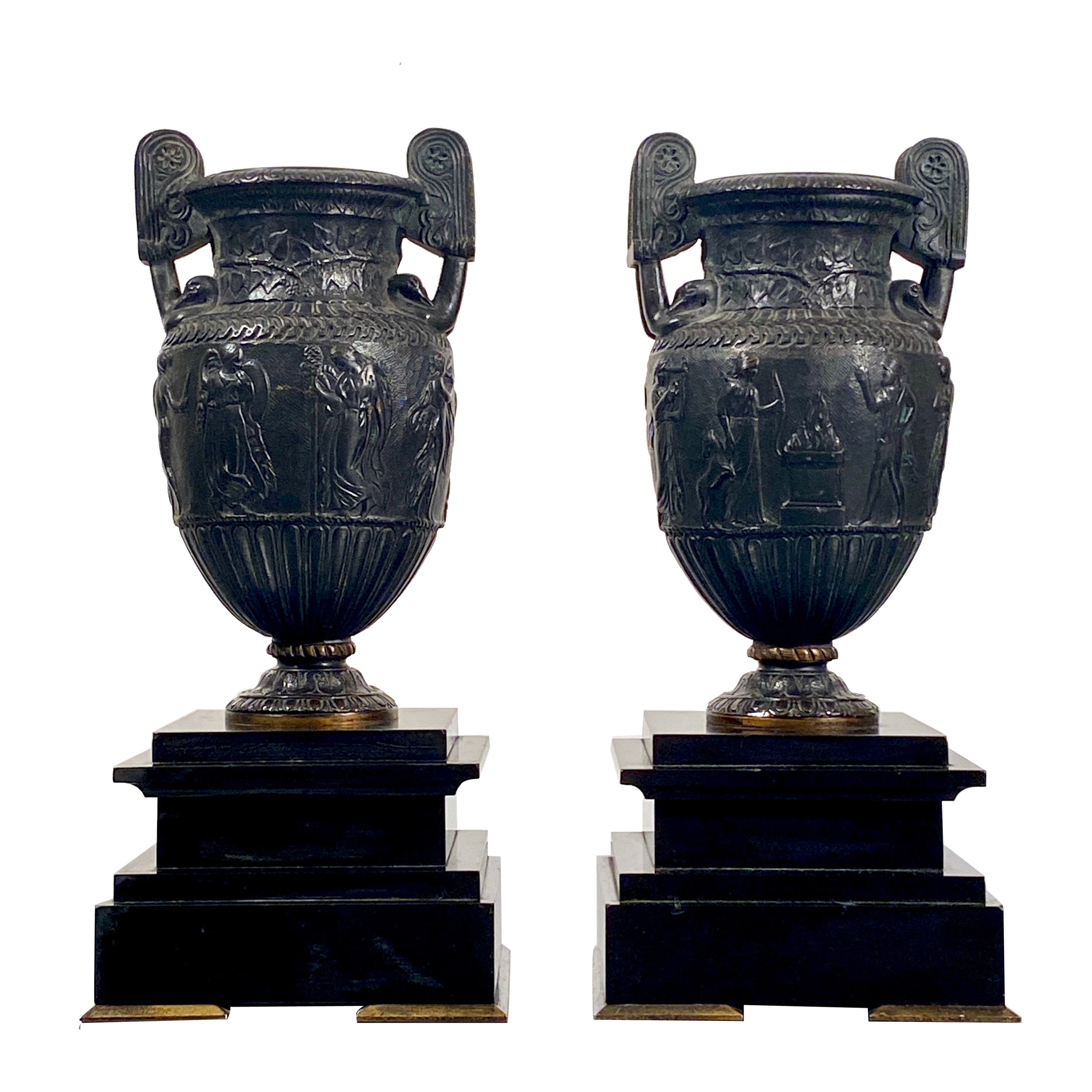 Neoclassical Bronze Urns Sosibios Volute on Slate Plinths French Pair For Sale