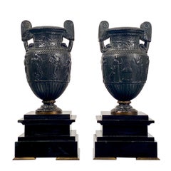 Neoclassical Bronze Urns Sosibios Volute on Slate Plinths French Pair