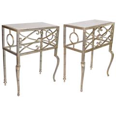 Pair of Marble-Top Deco Style Silver Leafed Steel Consoles