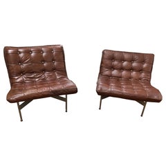 Classic Pair of Chocolate Brown Leather Barcelona Style Club Chairs