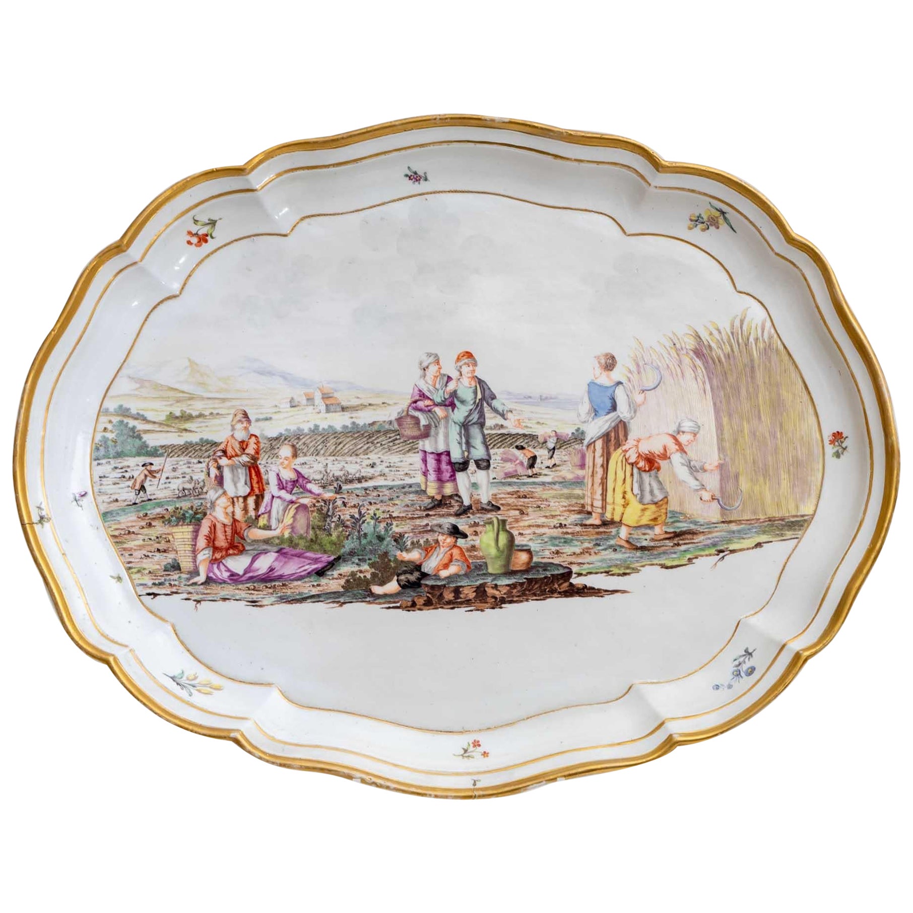Oval Plate with Harvest Scene, Nymphenburg, C. 1770-75 For Sale