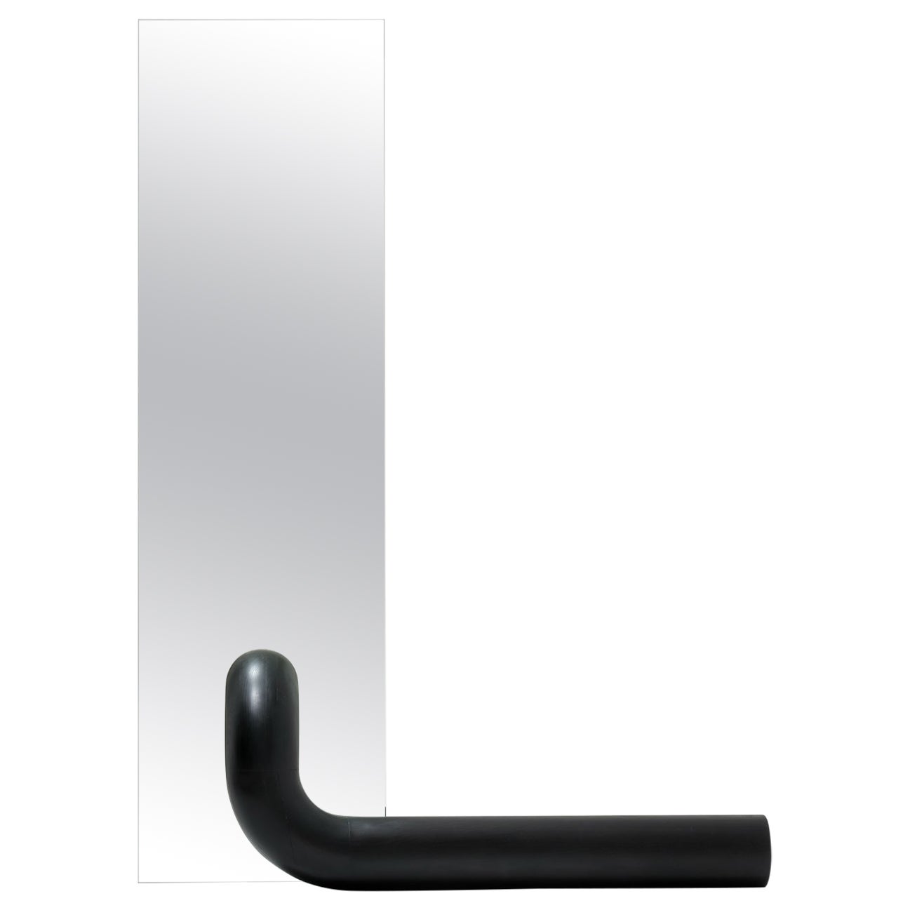 Contemporary Minimal Time of Action Mirror in Glass and Black Wood For Sale