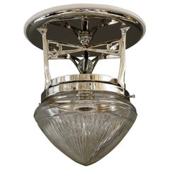 Antique Nickel-Plated Art Deco Flush Mount with Cut Glass Shade Around 1920s