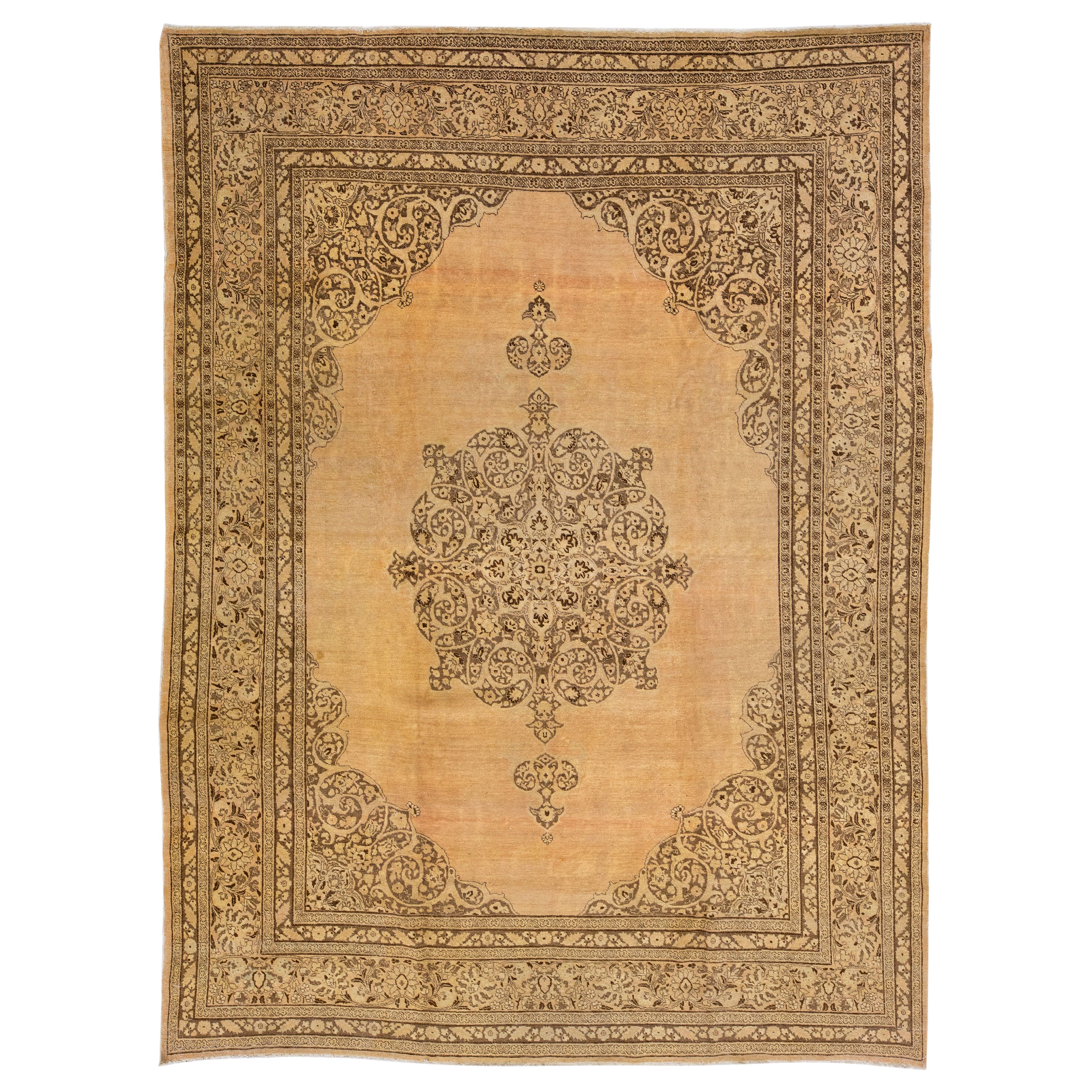 Tan Handmade Antique Persian Tabriz Wool Rug with Medallion Motif