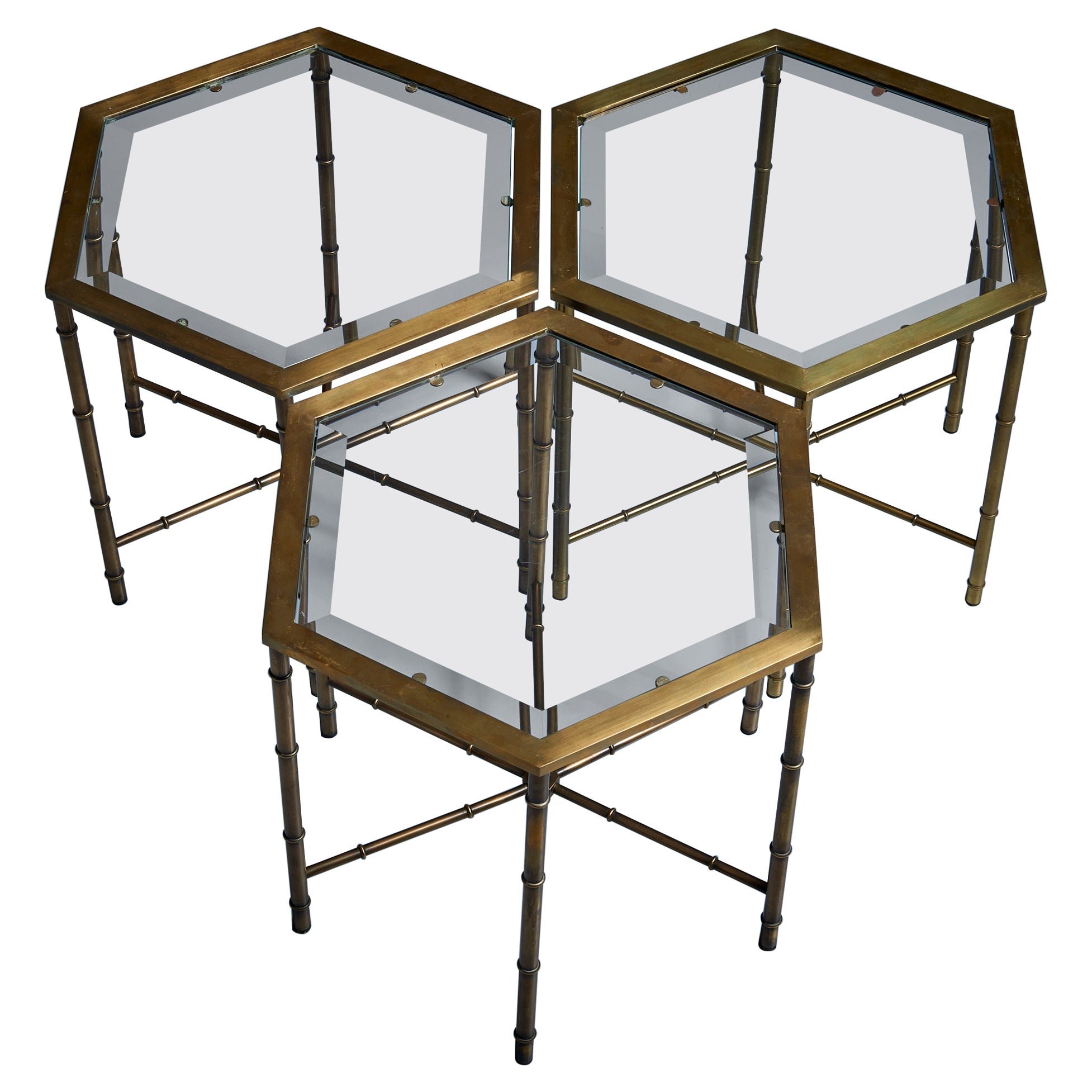 Set of 3 Brass Faux Bamboo Side Tables Attr. to Maison Bagues For Sale