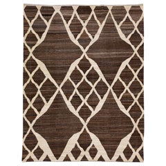 Brown Modern Kilim Flatweave Wool Rug with Geometric Motif