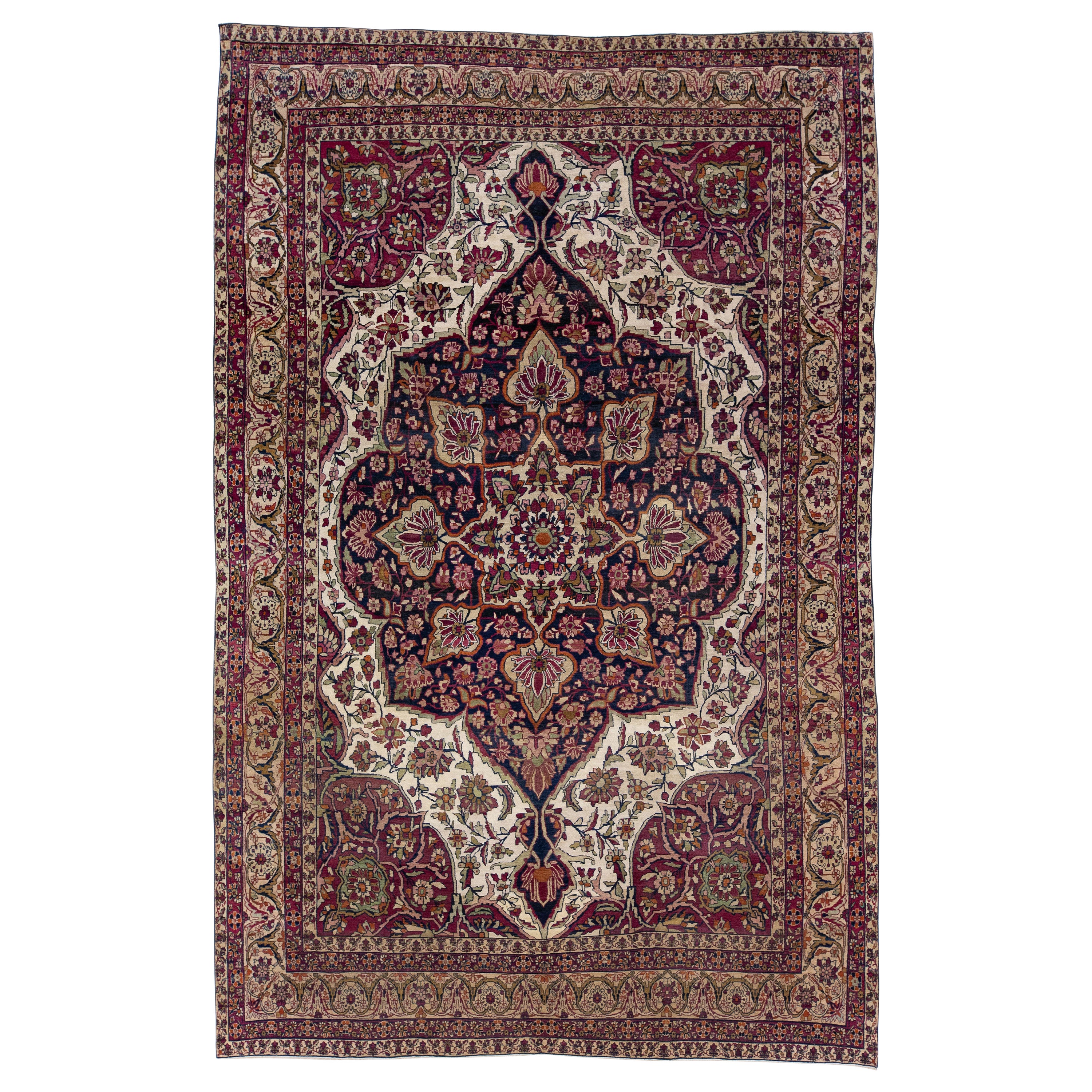 1880's Antique Persian Kerman Handmade Wool Rug with Multicolor Medallion Design For Sale