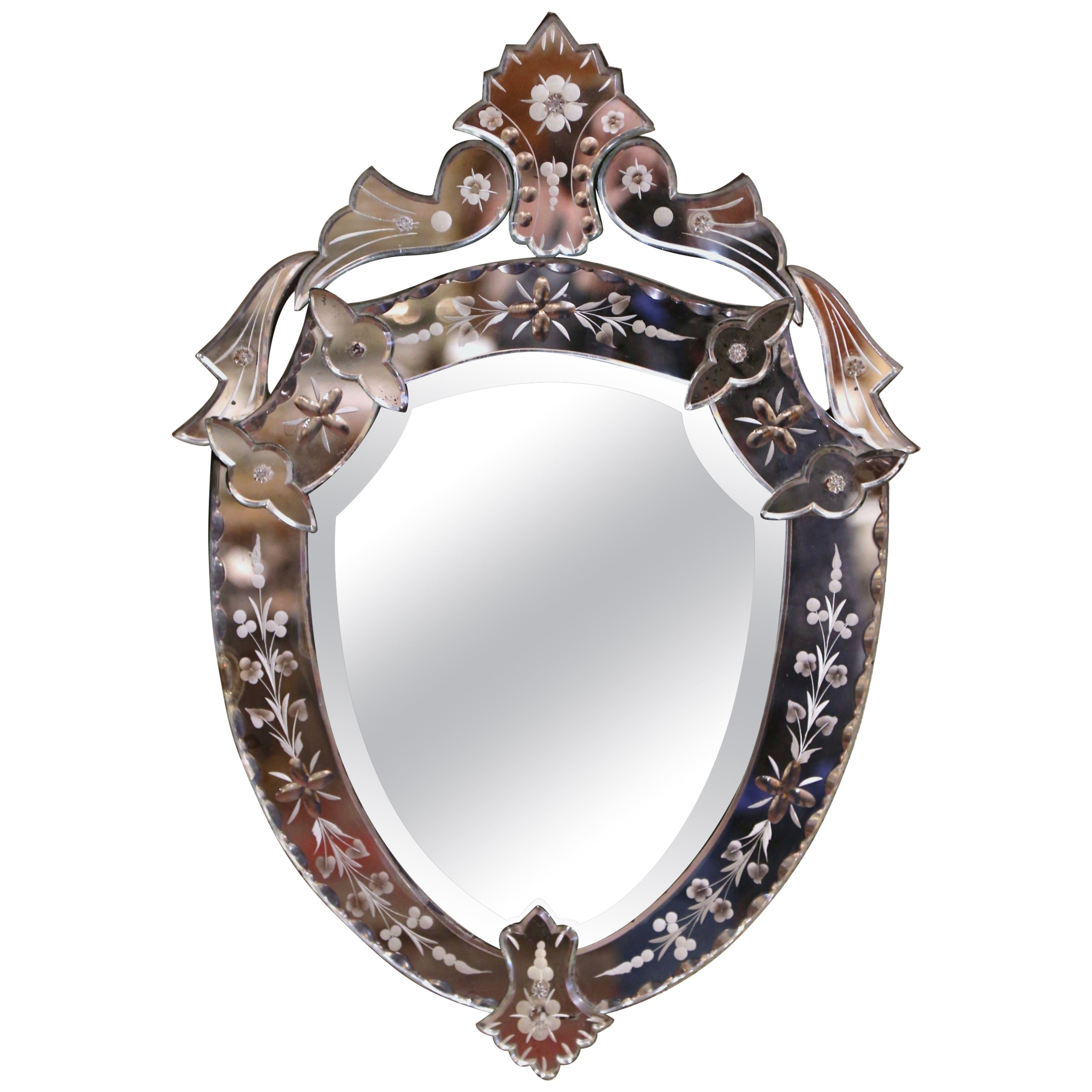 Midcentury Italian Venetian Beveled Shield Mirror with Painted Floral Etching For Sale
