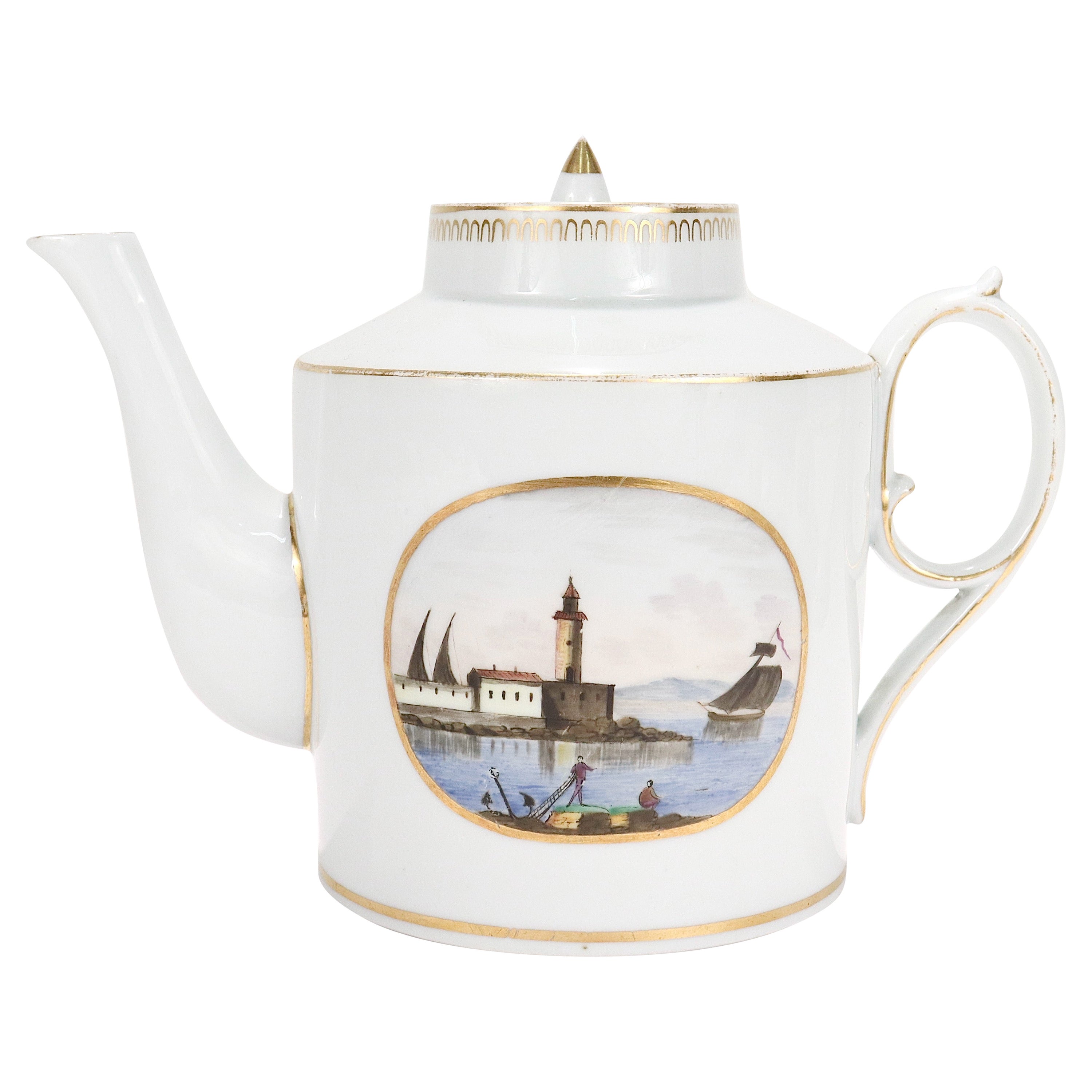 Antique Doccia Porcelain Italian Neoclassical Topographical Teapot For Sale