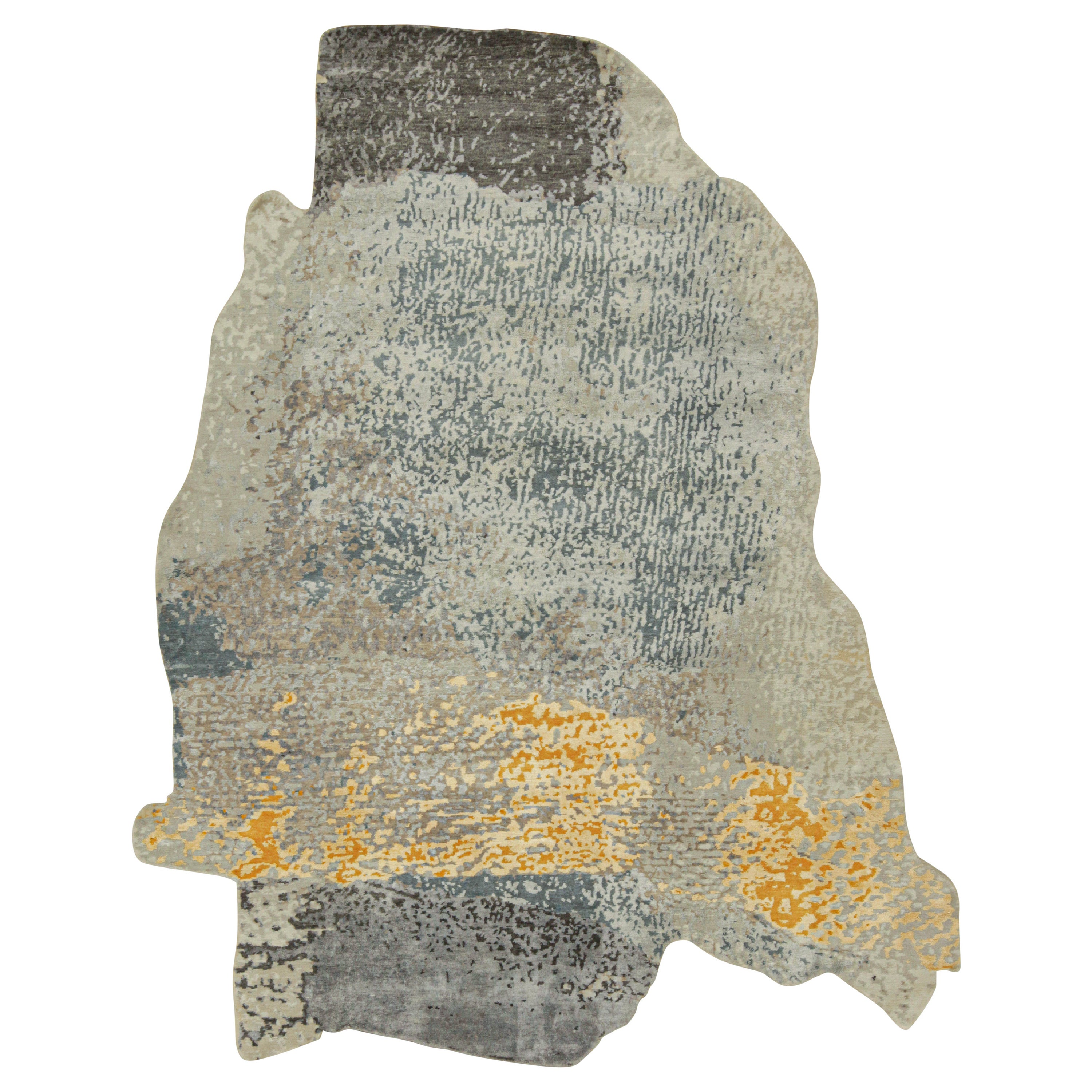 Tapis abstrait non façonné de Rug & Kilim en or, gris et bleu