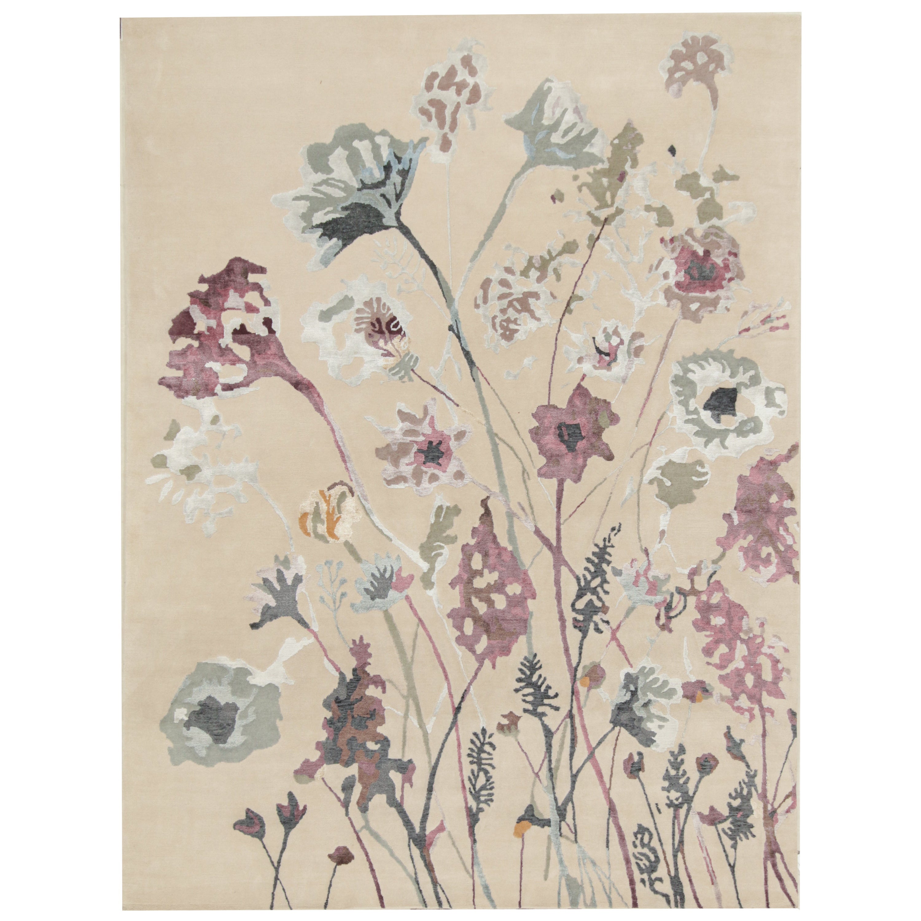 Rug & Kilim’s Contemporary Rug in Beige with Grey and Purple Floral Pattern