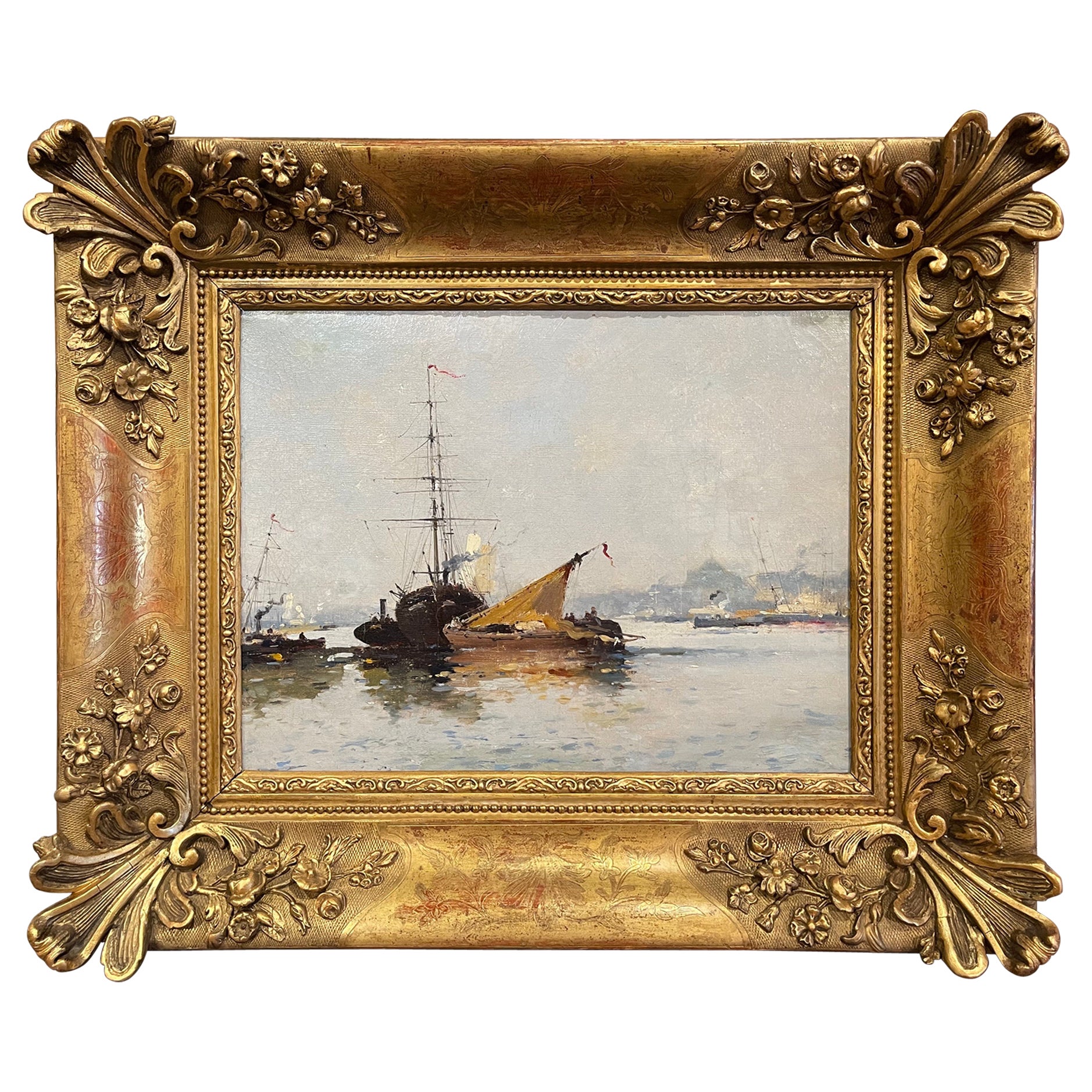 Tableau de marine à l'huile du 19e siècle dans un cadre sculpté et doré signé E. Galien-Laloue