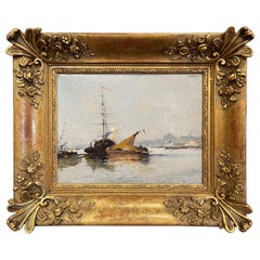 Tableau de marine à l'huile du 19e siècle dans un cadre sculpté et doré signé E. Galien-Laloue