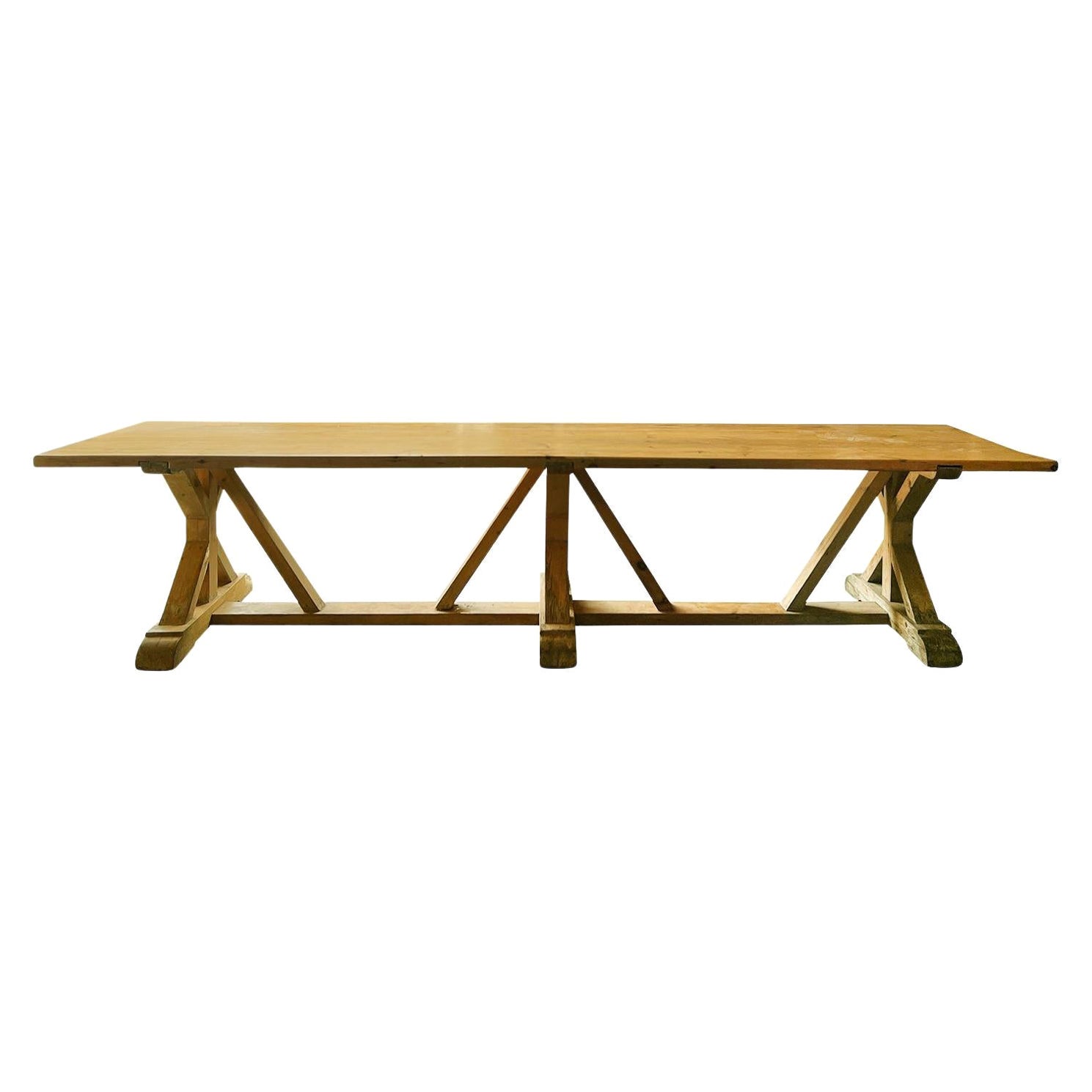 19th Century Light-Brown French Antique Provincial Oakwood Dining, Trestle Table For Sale