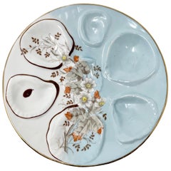 Antique Continental Porcelain Blue, Cream & Floral Oyster Plate, Circa 1880-1890
