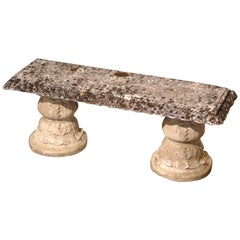 19th Century French Weathered Stone Garden Bench on Acanthus Supports