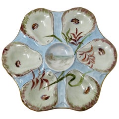 Antique Continental Hand-Painted Blue & Green Porcelain Oyster Plate, Circa 1880