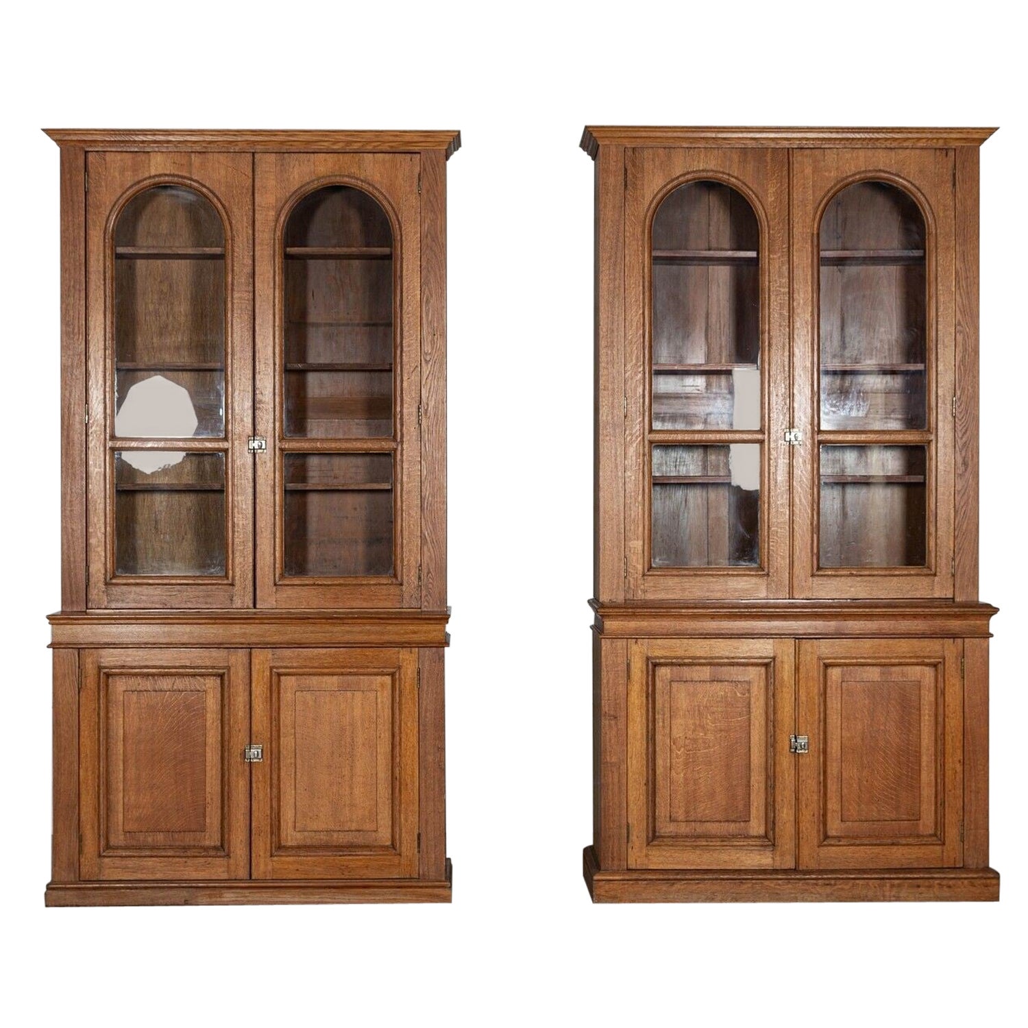 Near Pair Arched Oak Glazed Apothecary Cabinets