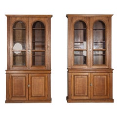 Vintage Near Pair Arched Oak Glazed Apothecary Cabinets