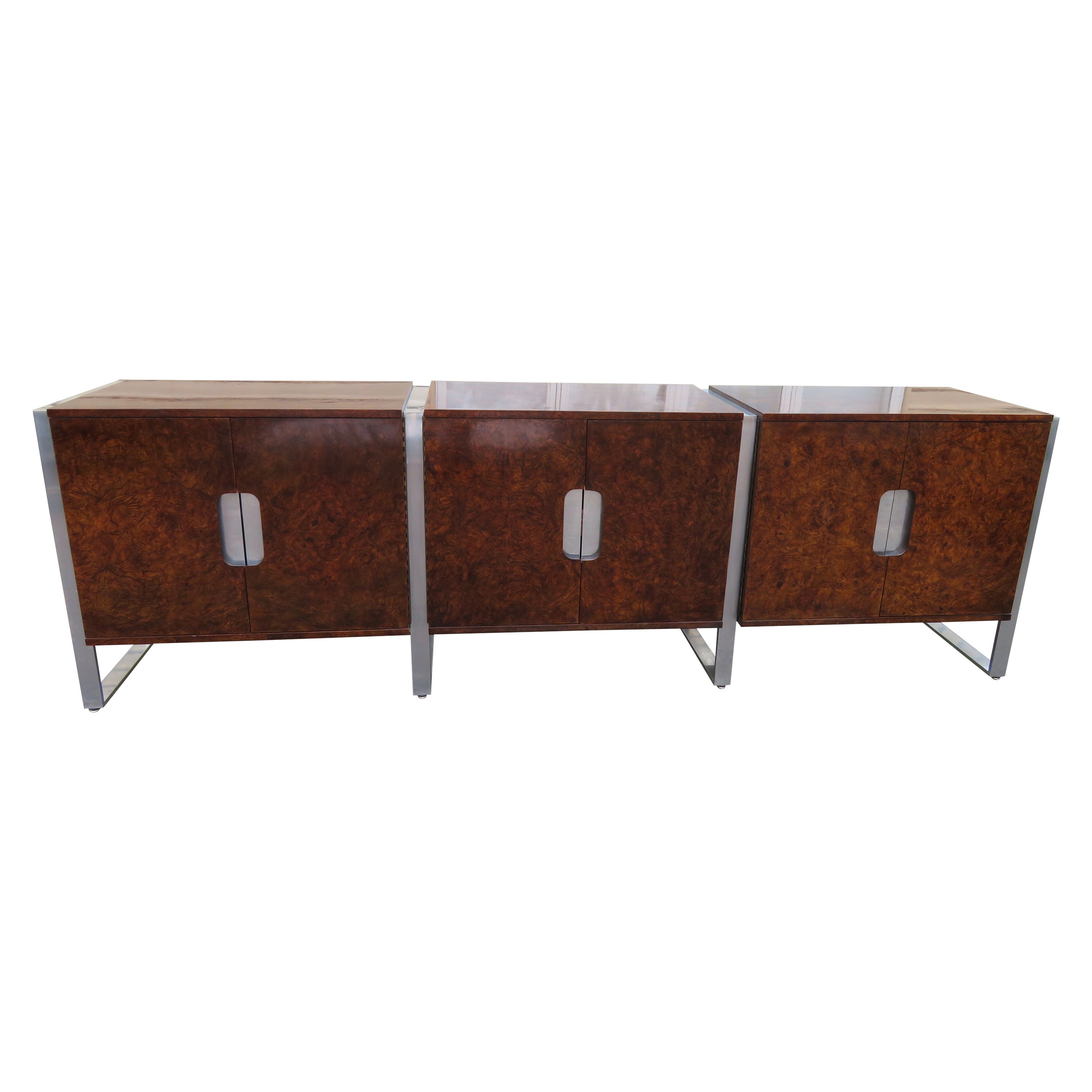 Marvelous Pace Collection 3 Piece Burled Walnut Aluminum Credenza Mid-Century 
