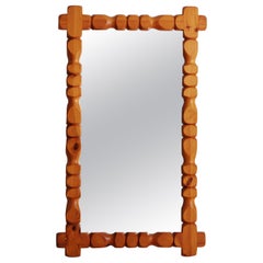 Brutalist Hand Carved Pine Mirror by Glas Mäster Markaryd, Sweden, 1970s