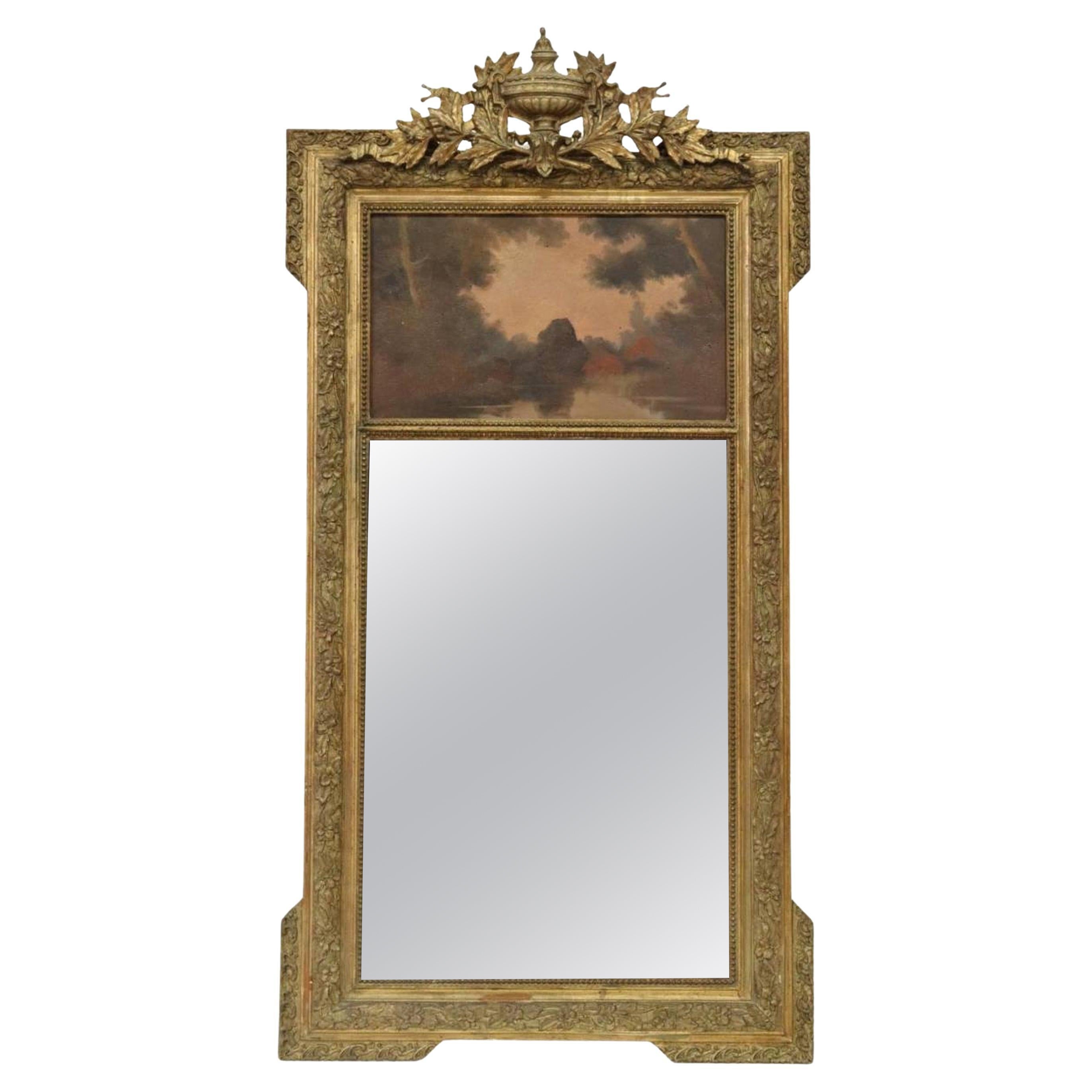 Antique French Painted Carved Gilt Wood Trumeau Mirror For Sale