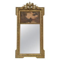 Antique French Painted Carved Gilt Wood Trumeau Mirror