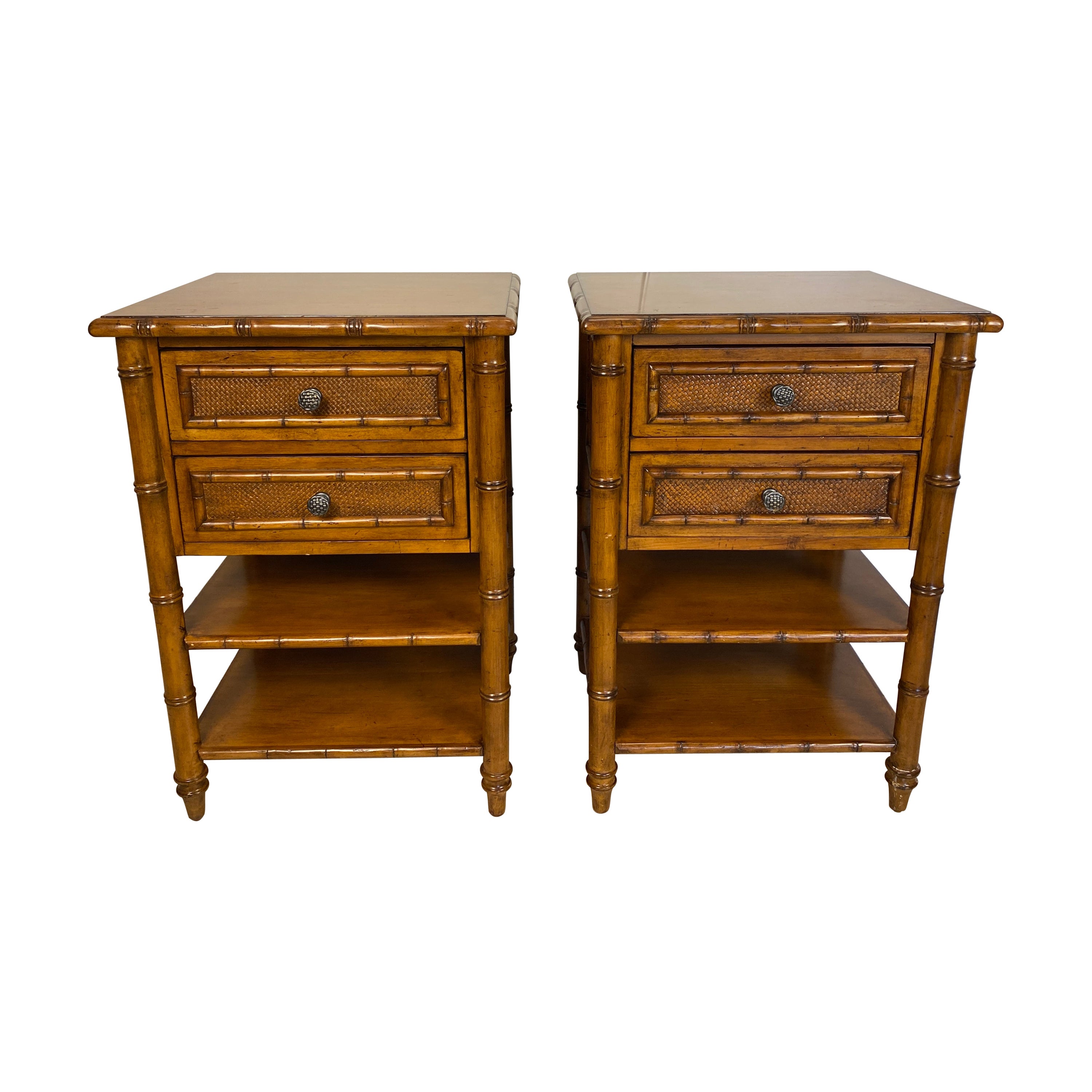 Pair of Vintage Faux Bamboo Wooden Nightstands or Bedside Tables
