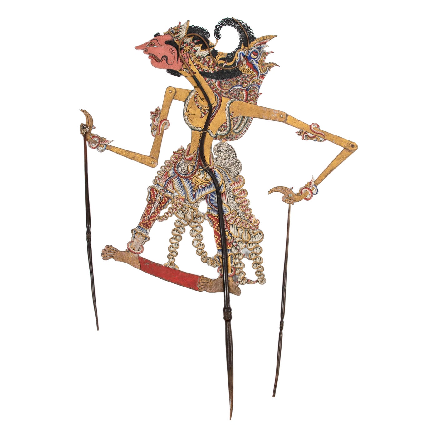 Decorative Indonesian Shadow Puppet on Finely Carved Horn Rods, 19th Century For Sale