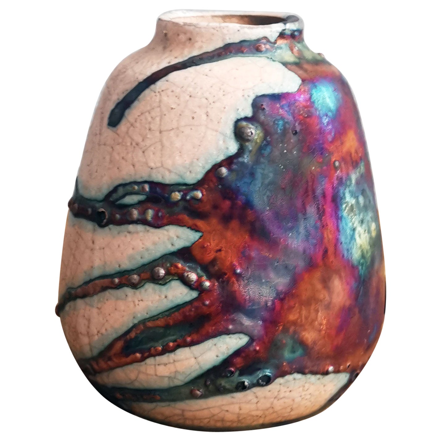 Suzu Raku Pottery Vase, Half Copper Matte, Handmade Ceramic Home Decor Gift For Sale