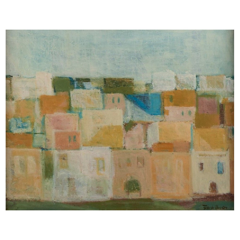 Frank Ibsen, artiste danois. Motif de ville de Tanger, Maroc. Huile sur panneau. en vente
