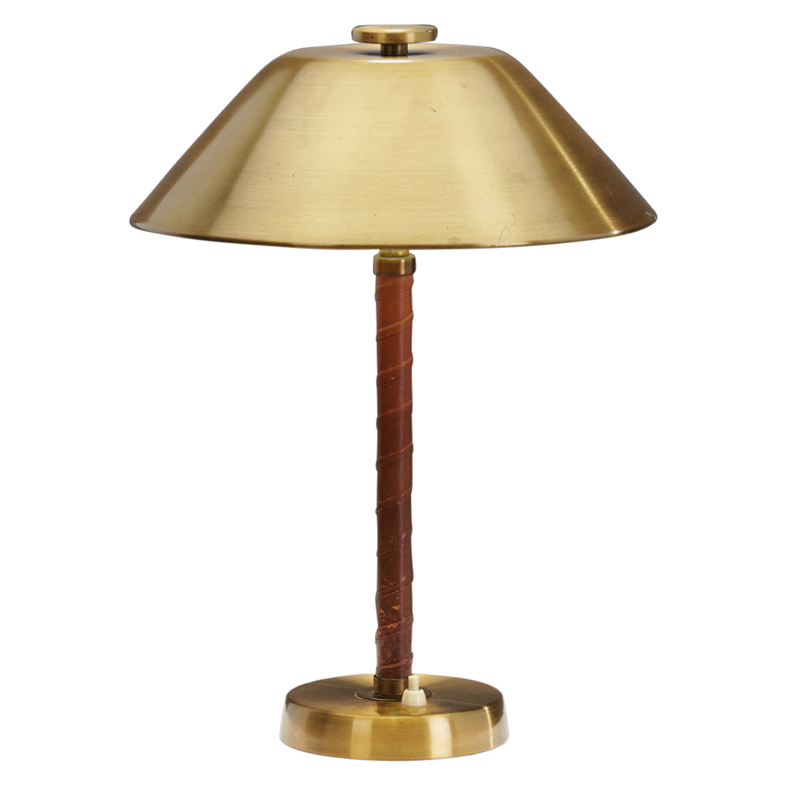 Einar Bäckström "Model 5014" Brass and Leather Table Lamp, Sweden, 1940s