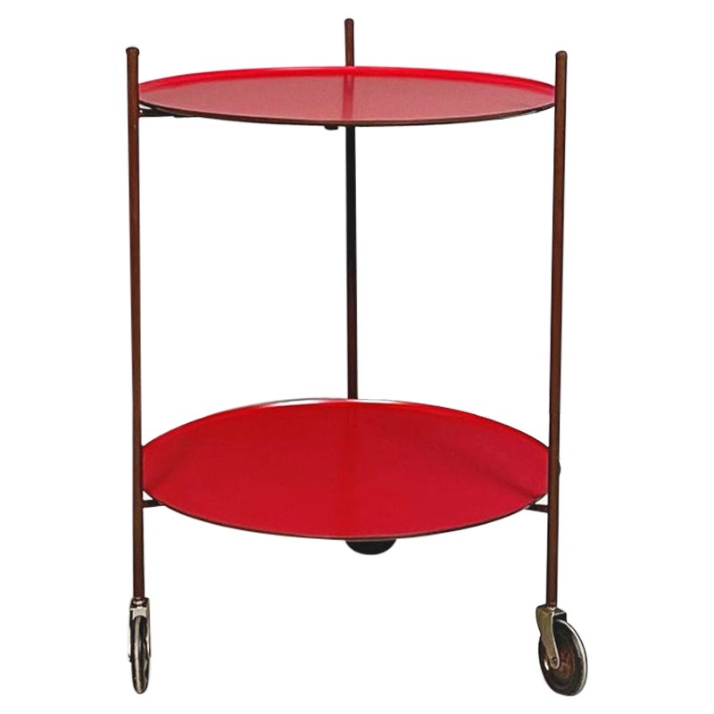 Italian Modern Red and Brown Round Cart with Tubular Metal, 1970s