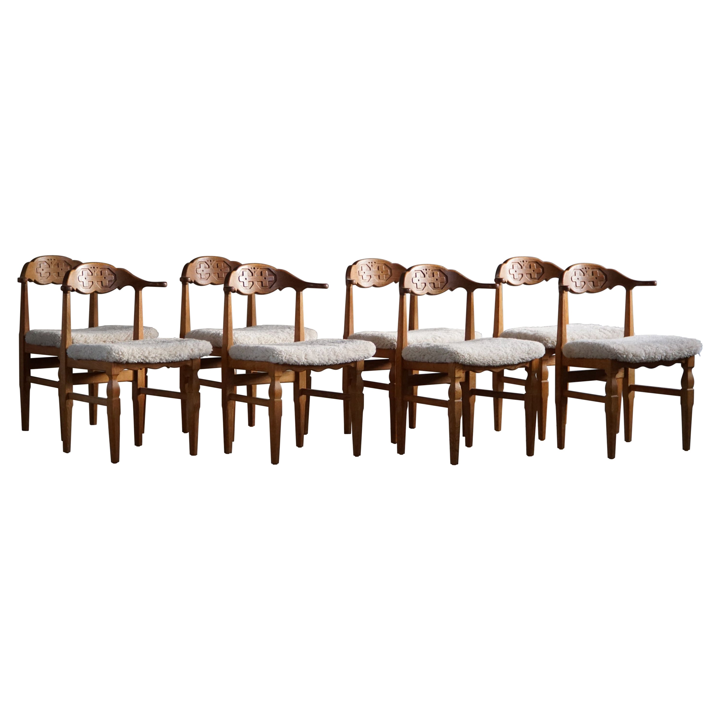 Henning Kjærnulf, Set of 8 Dining Chairs, Reupholstered in Lambswool, 1960s