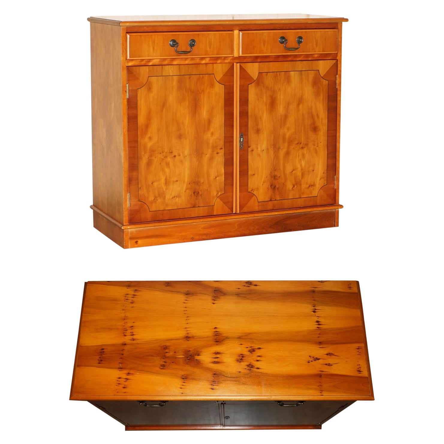 LOVELY VINTAGE BURR YEW WOOD TWO DRAWER & CUPBOARD SiDEBOARD For Sale