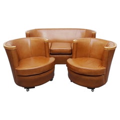 Art Deco Three Piece Brown Leather and Birdseye Maple Club Suite, Circa 1930