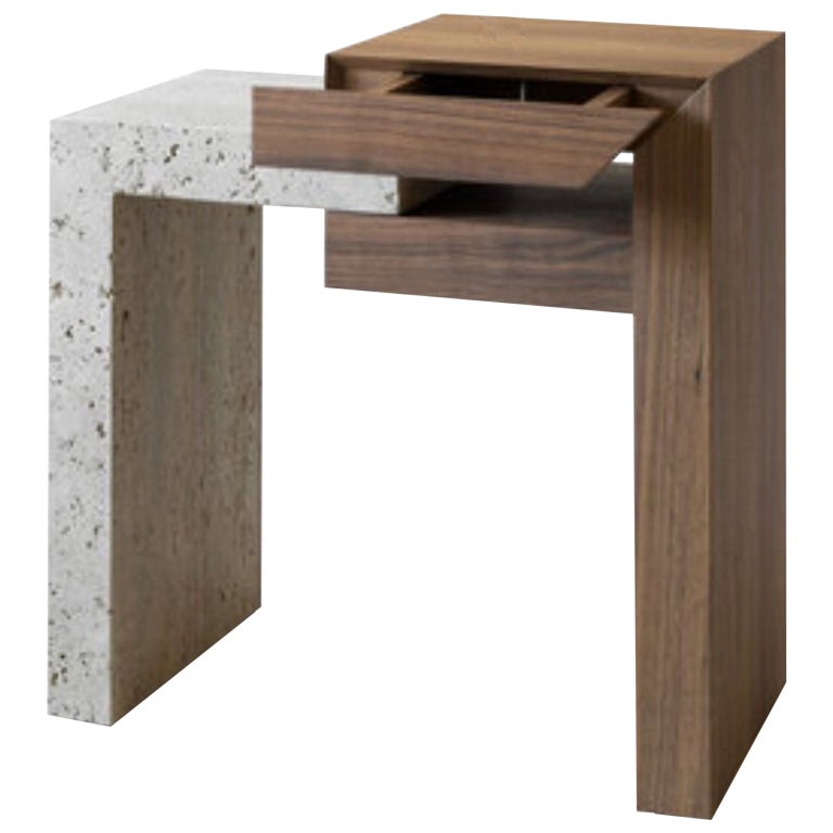 Yume Walnut + Travertine Bedside Table by Joyful Homes For Sale at 1stDibs