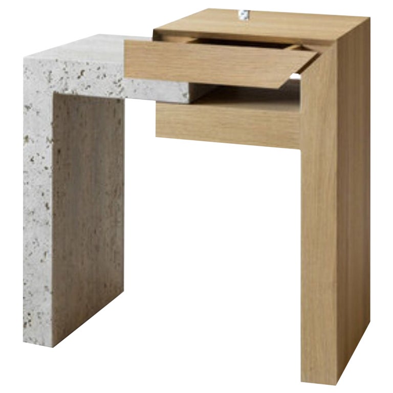 Yume Oak + Travertine Stone Bedside Table by Joyful Homes For Sale at
