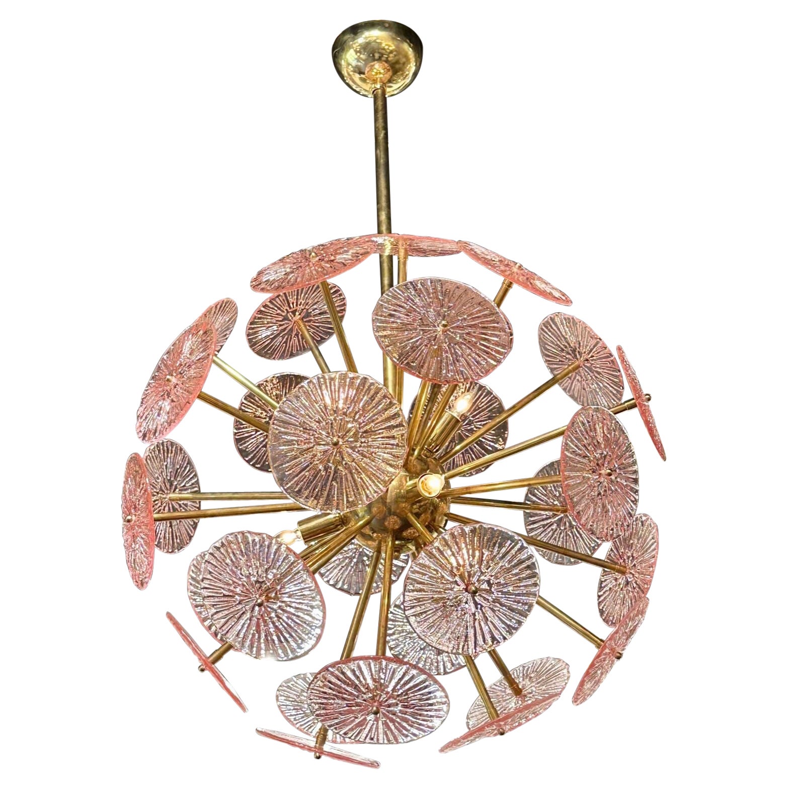 Lustre Sputnik à disque en verre rose de Murano