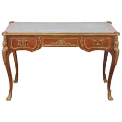 French Louis XV Bureau Plat Leather Top Desk With Mounted Bronze Ormolu