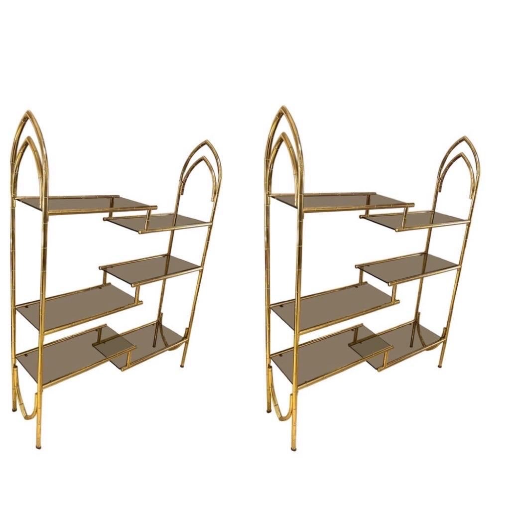 Two 70s Mid-Century Modern Brass and Smoked Glass Italian BookCases For Sale
