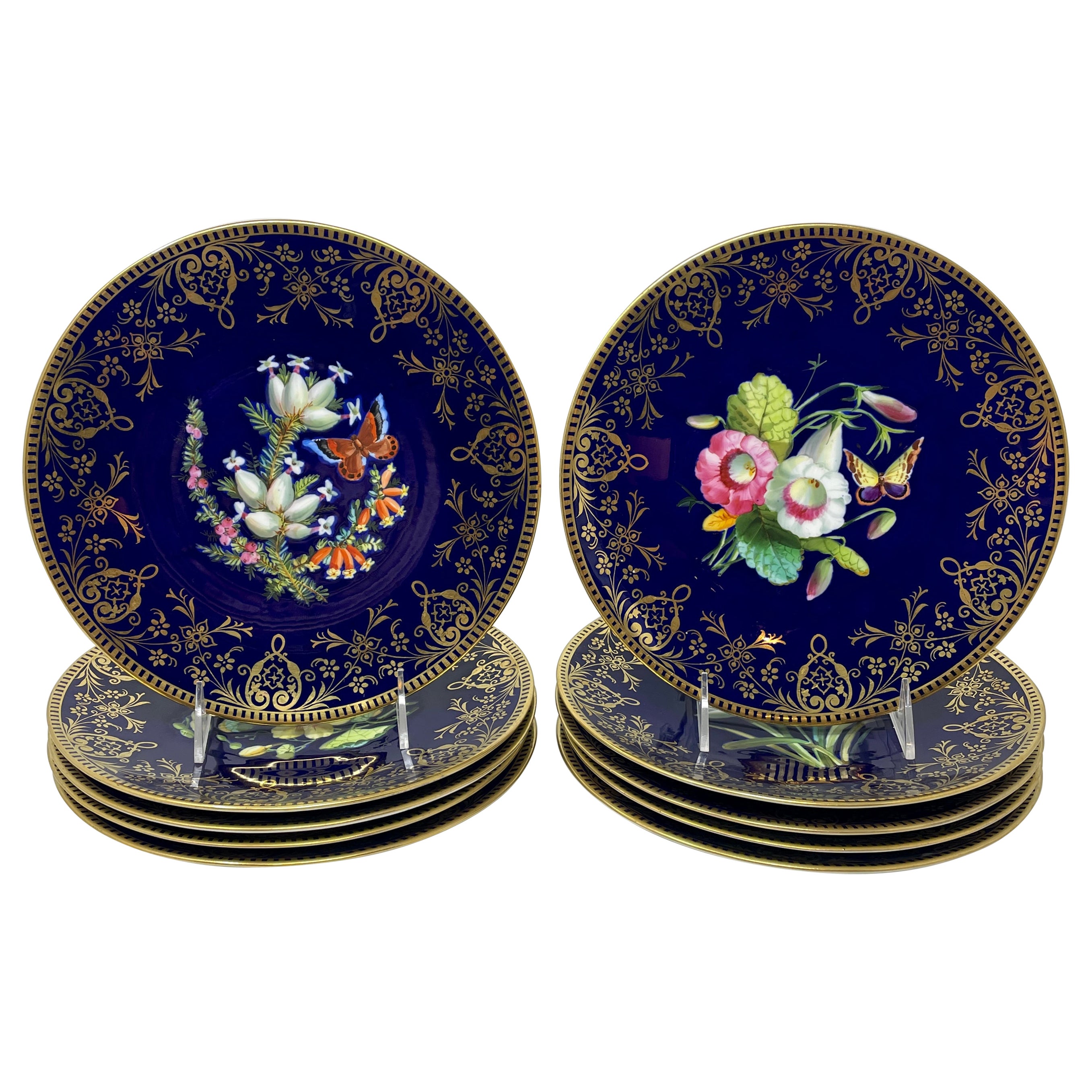 Set di 10 antichi piatti da dessert inglesi dipinti a mano in stile cobalto e floreale