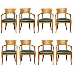 Eight Italian Modern Neoclassical Dining Armchairs in Beech and Olive Wood