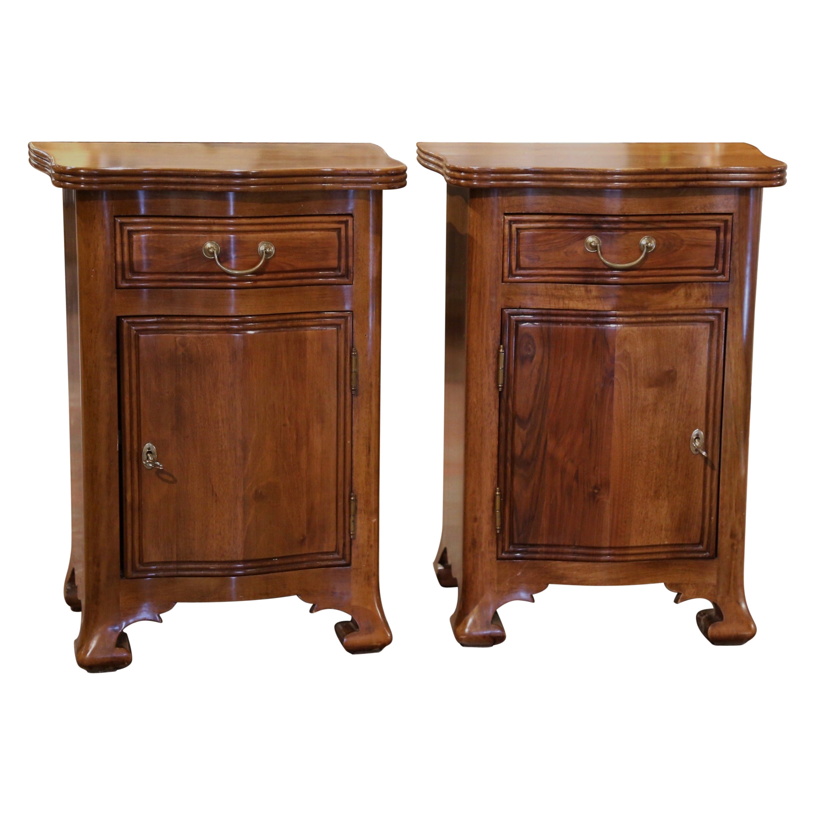 Pair of Mid-Century Italian Carved Walnut Bombe Bedside Cabinets Nightstands