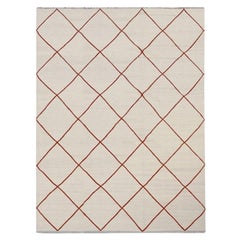 Geometric Wool Design, Beige, Grey and Red Kilim. 4.00 x 3.00 m.