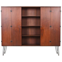 Milo Baughman for Directional Walnut and Ebonized Bookcase on Hairpin Legs
