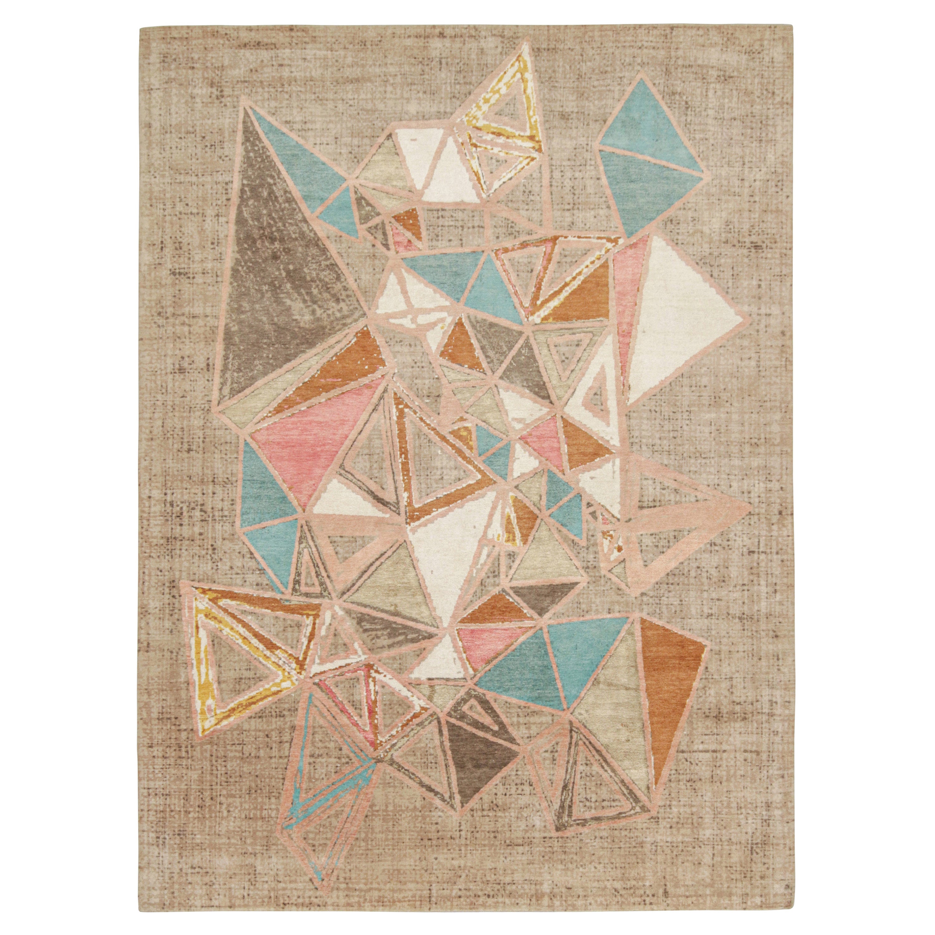 Rug & Kilim’s Mid-Century Modern Style rug in Polychromatic Patterns on Beige For Sale